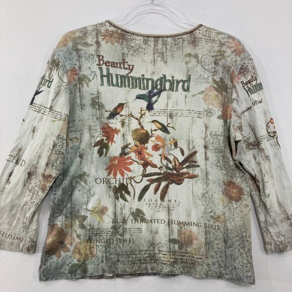 Studio Gem Q. Large Hummingbird Stretch Knit Crew Neck 3/4 Sleeve Artsy Boho Top - Picture 9 of 10